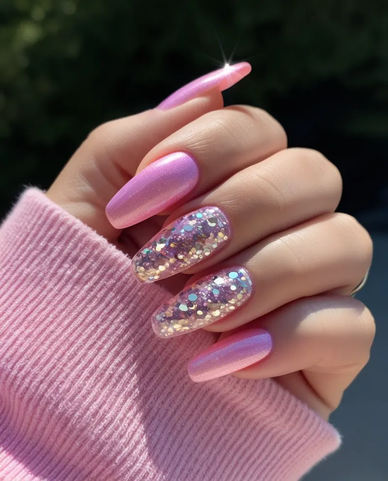 Sparkly pink glitter nails shining brightly, perfect for summer parties.