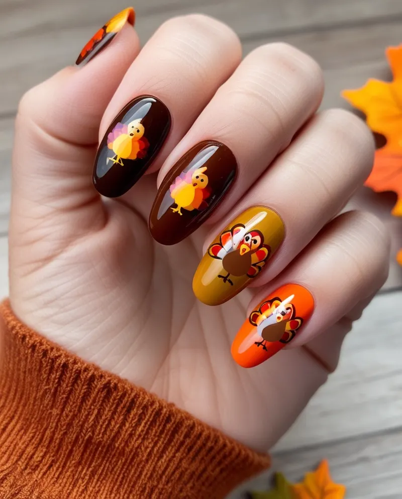 Thanksgiving nails featuring turkey and autumn leaf designs.