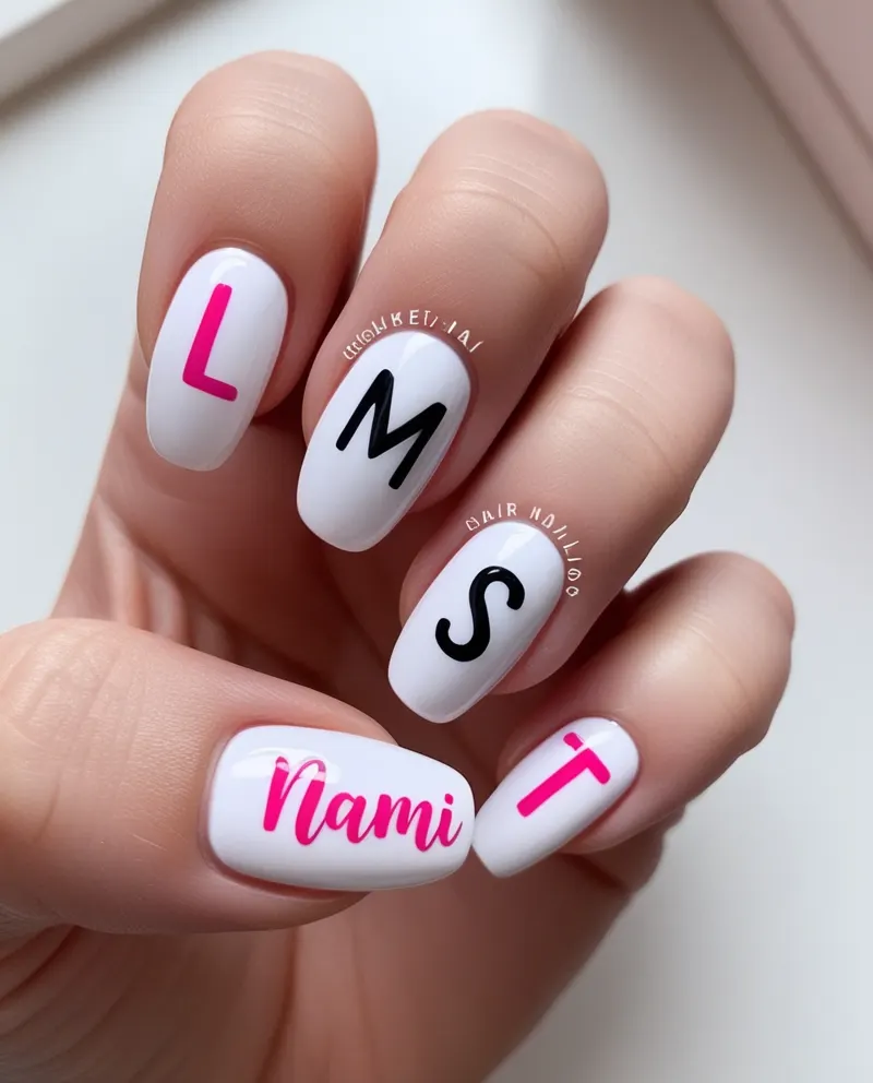 Custom name nails with initials or names in stylish fonts.