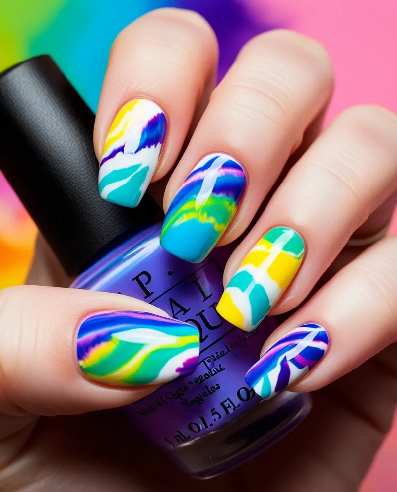 Tie-dye nails with swirling, bright colors for a fun, artistic design.