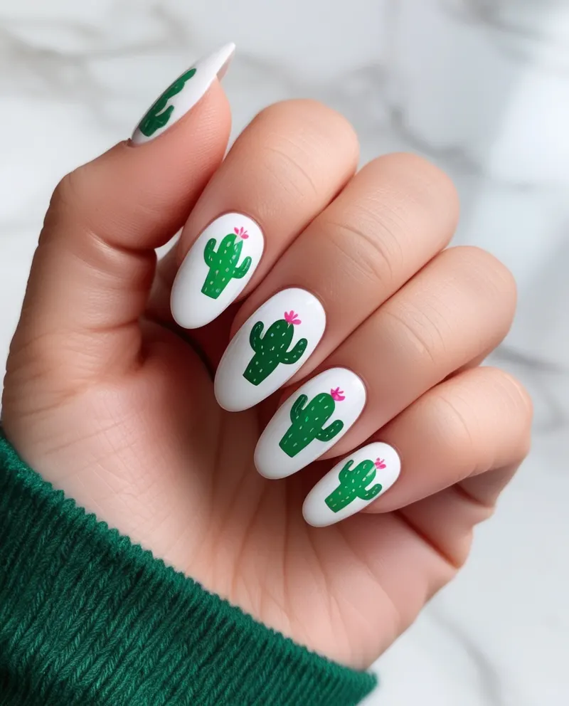 Cactus nails with nature-inspired green cactus designs.