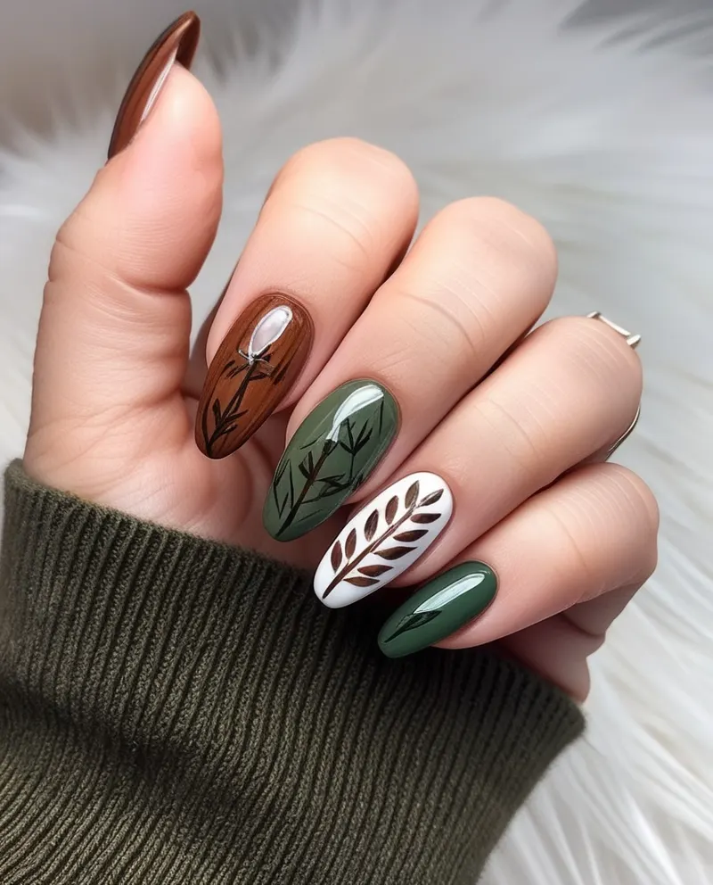 Rustic nails with earthy tones and leaf or wood texture accents.