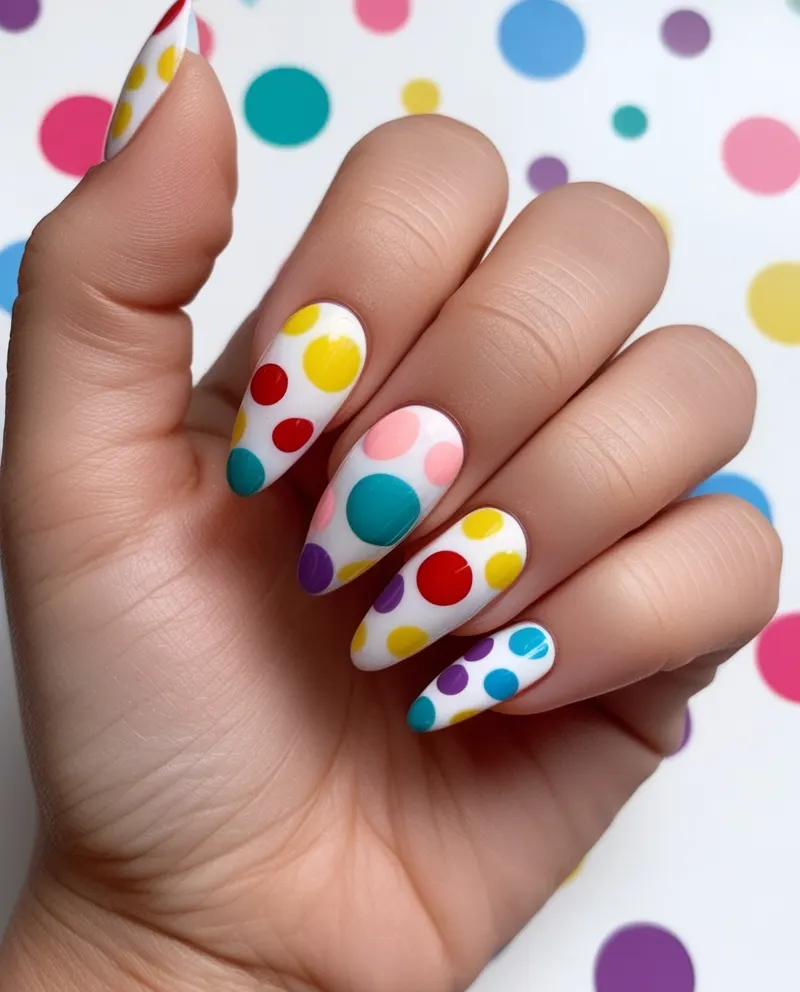 Playful polka dot nails in different sizes and colors.