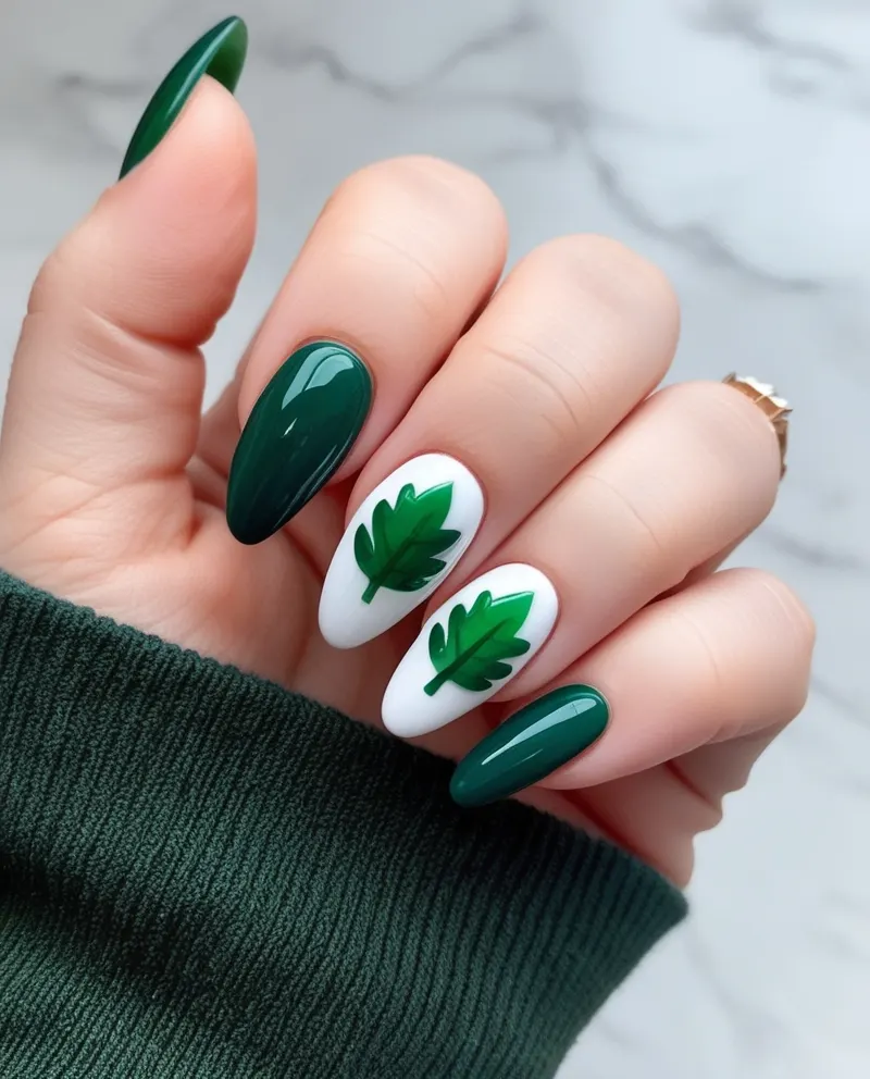 Leaf nail designs with green colors and nature-inspired leaf shapes.