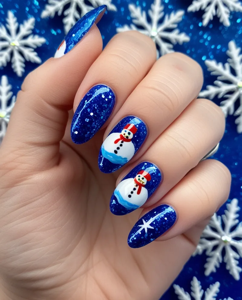 Blue glitter nails with snow globe-inspired designs, a festive Blue Christmas Nails idea.