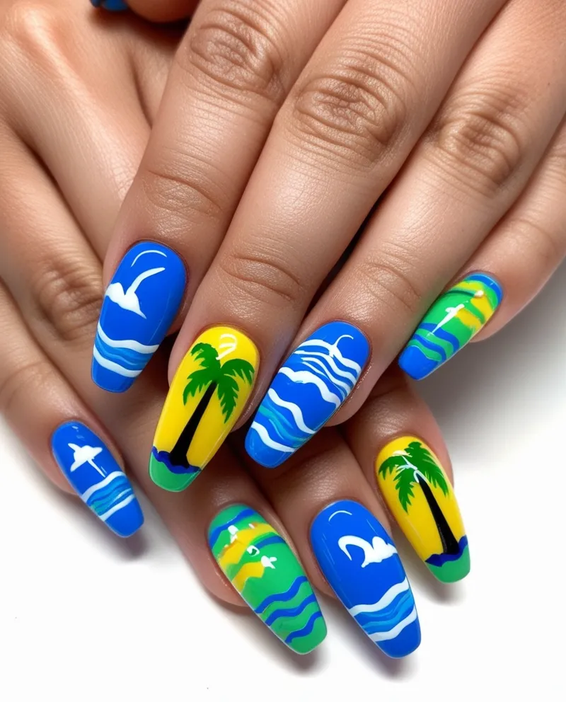 Bright Blue Nail Designs with tropical patterns like palm trees and waves.