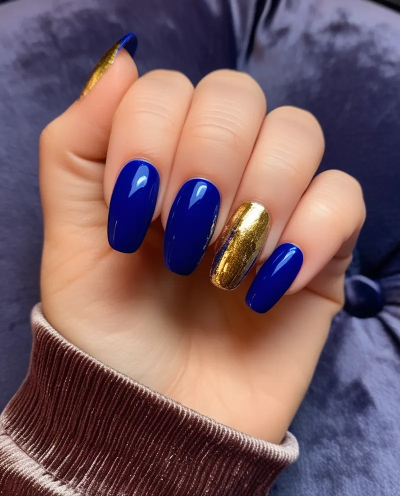 Blue nails with luxurious gold foil accents for a classy look.