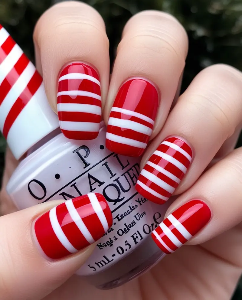 Sweet Candy Cane Stripes Winter Christmas Nails in red and white, perfect for holiday cheer.