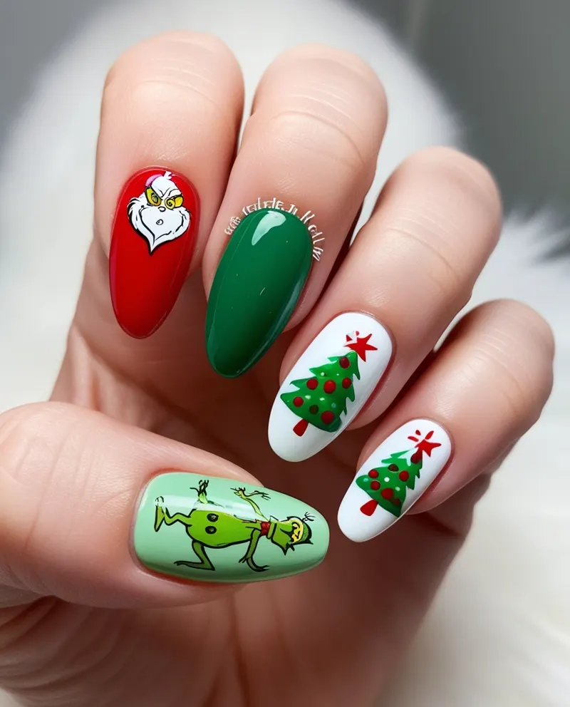 Playful Grinch-themed nails with green, red, and festive details.