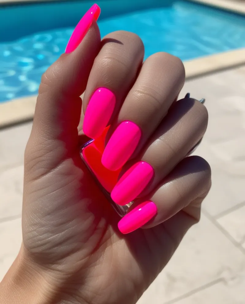 Bold neon pink nails with a glossy finish, ideal for summer vibes.