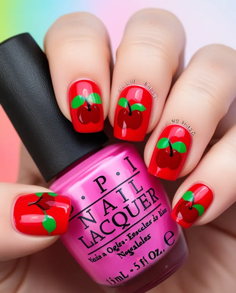 Fun cherry nails featuring bright red cherries for a playful look.