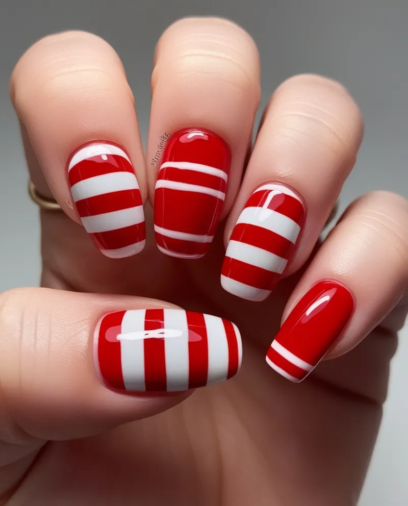 Candy cane nails with red and white stripes for a festive holiday touch.