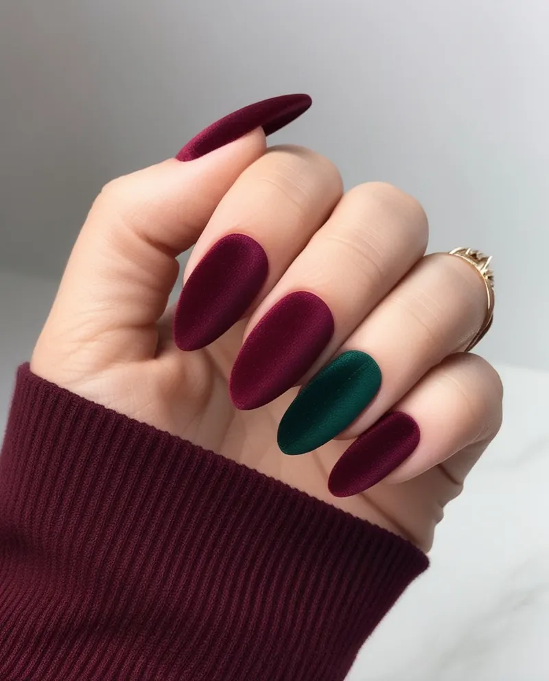 Velvet nails in rich colors like burgundy and emerald green for a luxurious vibe.