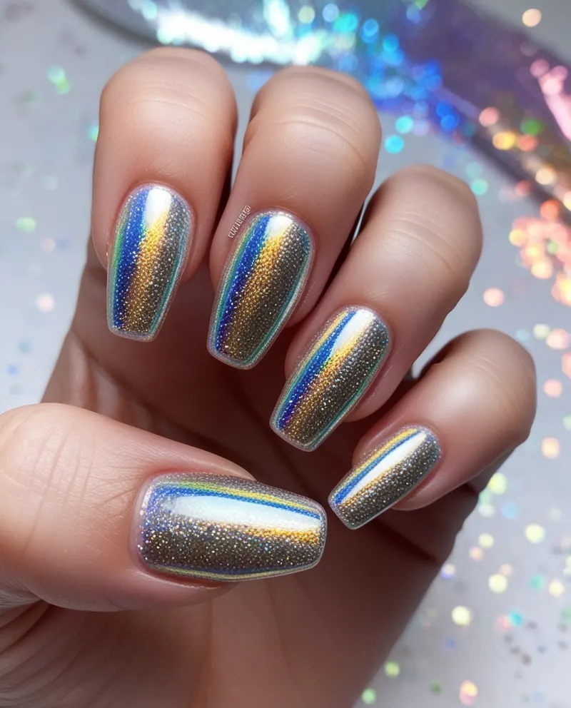 Holographic glitter nails that sparkle in rainbow hues.