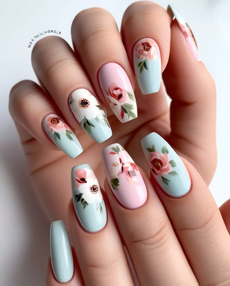 Vintage floral nails with soft-colored retro-style flowers.