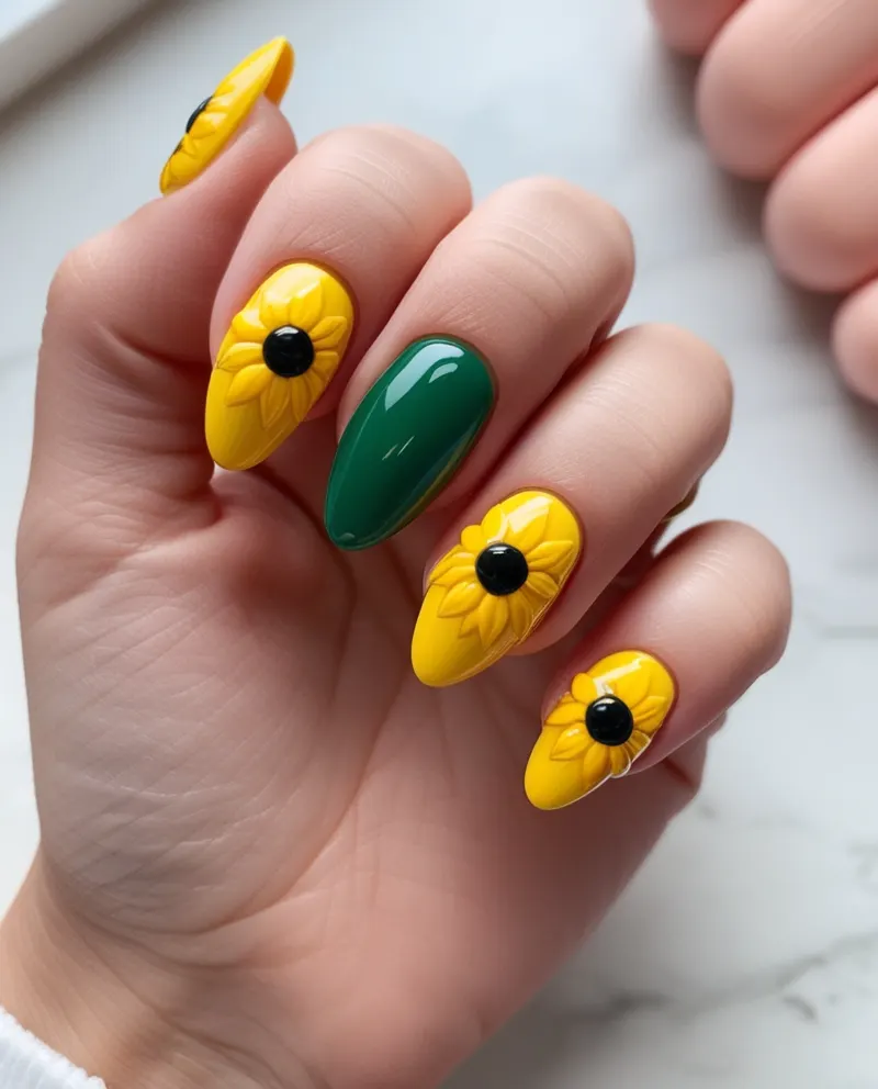 Sunflower nails with bright yellow petals and green details.