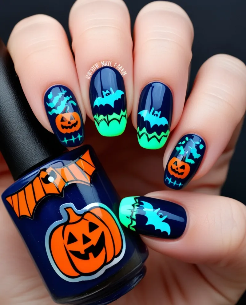 Blue Nail Designs with spooky Halloween patterns like pumpkins and bats.