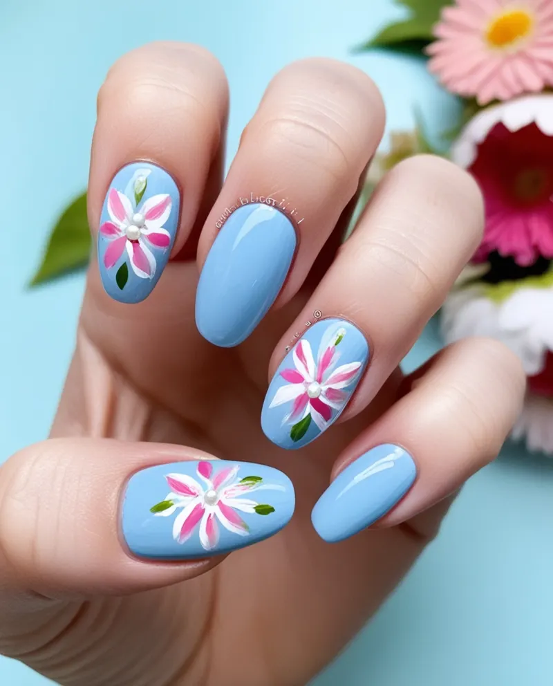 Blue nails with floral patterns for a fresh and romantic vibe.