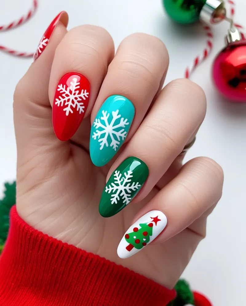 Bright holiday nails with Christmas tree and snowflake designs.