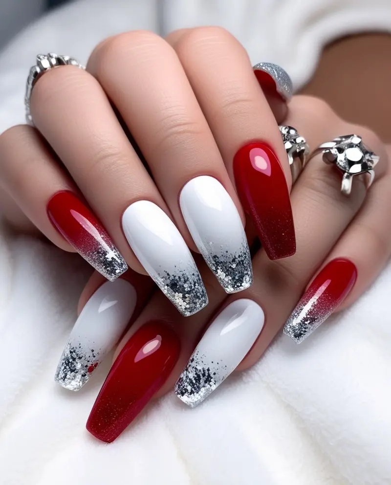 Beautiful Ombre Winter Christmas Nails blending red, white, and silver for a festive gradient look.