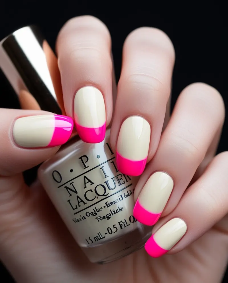 Nude nails featuring bright pink French tips, creating a classy and modern look.