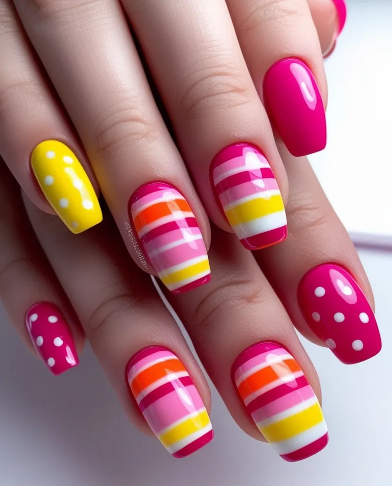 Bright and playful candy-themed nails with stripes and dots.