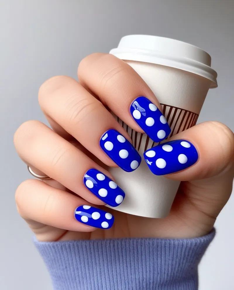 Blue nails with white polka dots for a cute Valentine’s Day style.