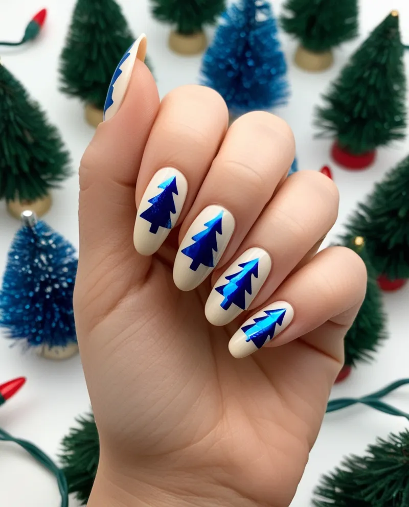 Nude nails with metallic blue Christmas tree designs, a modern Blue Christmas Nails idea.