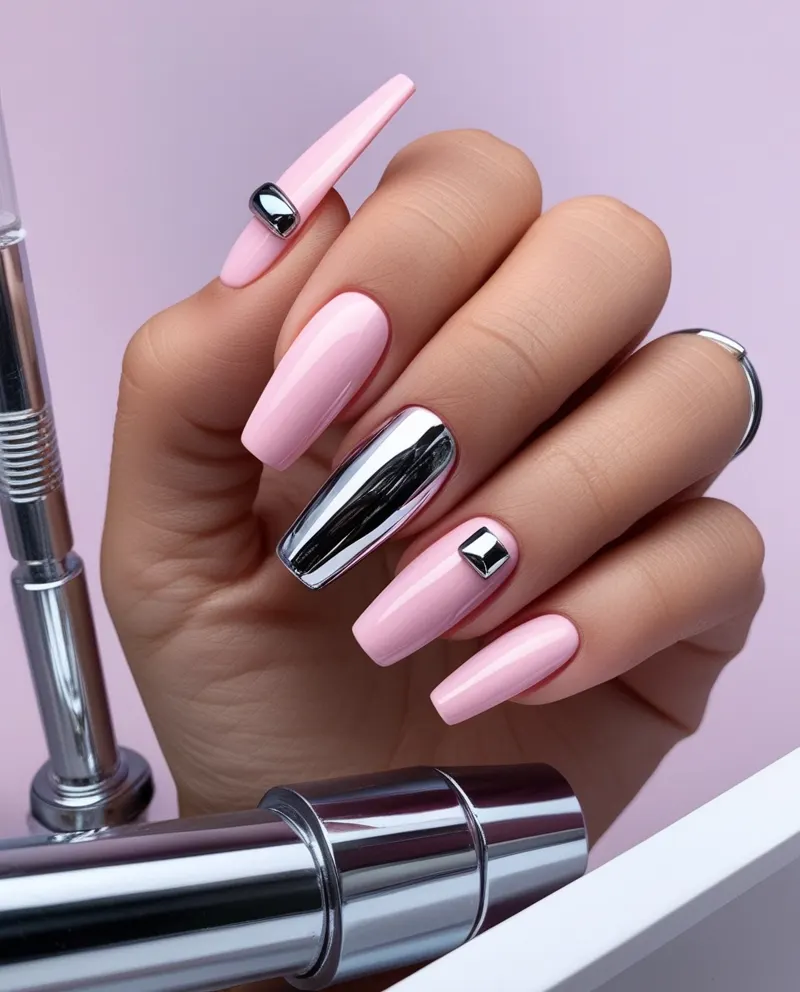 Pink nails with shiny chrome details for a modern and stylish finish.