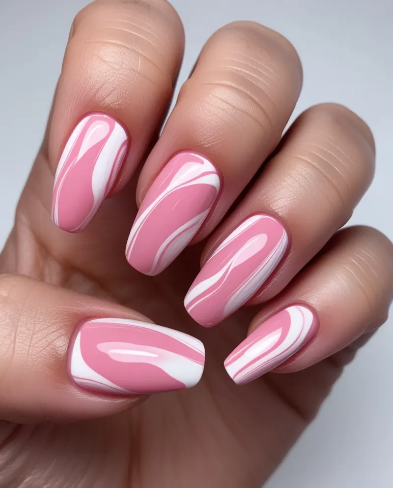 Trendy pink marble nails with intricate swirls and smooth white veins.