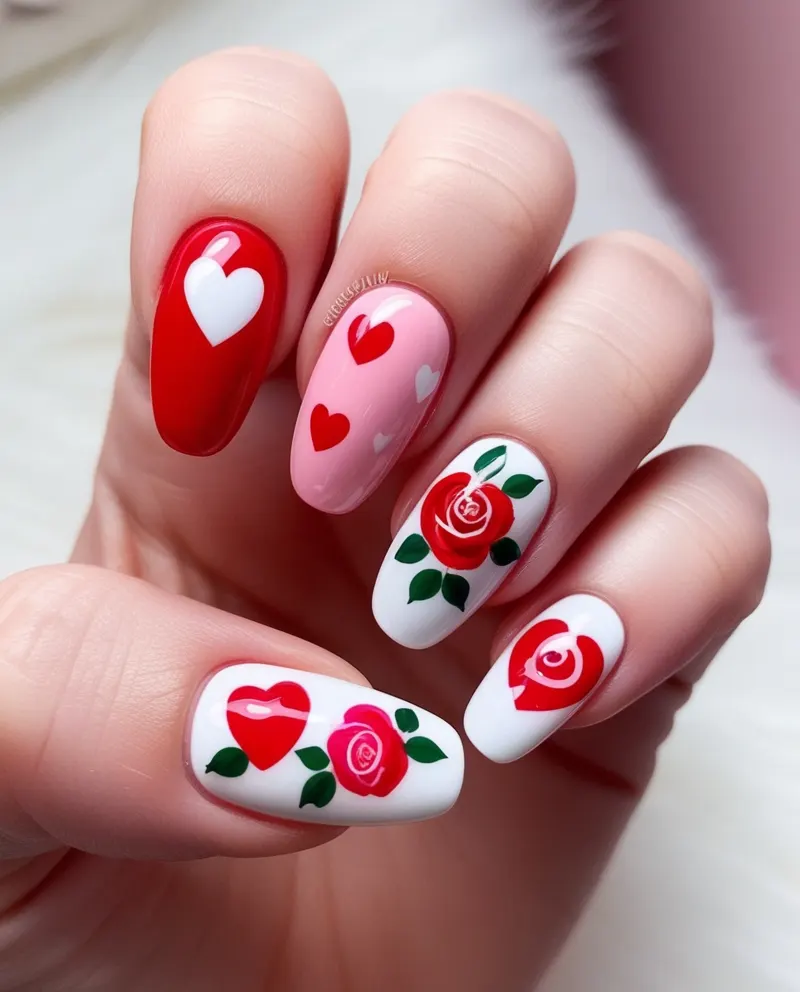 Romantic Valentine’s Day nails with hearts and rose designs.