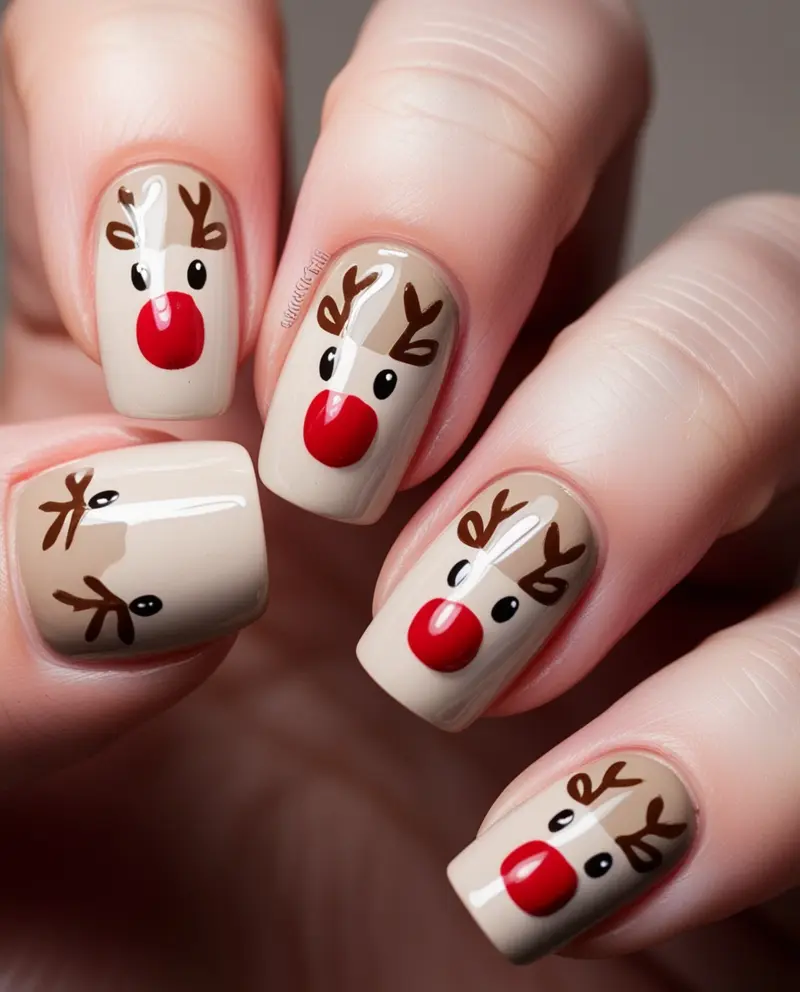 Cute Winter Christmas Nails with Reindeer Designs for a playful holiday theme.