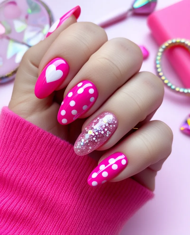 Barbiecore pink nails with fun patterns and glitter for a playful vibe.