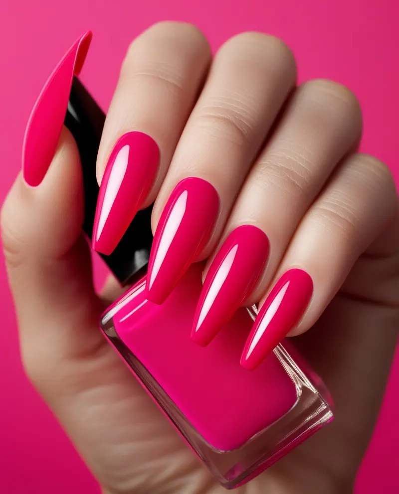 Bright hot pink nails with a shiny finish, perfect for a bold summer statement.