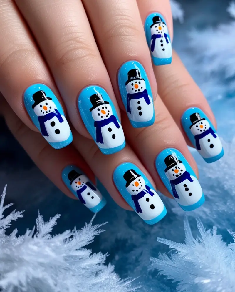 Playful Snowman Winter Christmas Nails featuring tiny snowmen for a fun festive vibe.