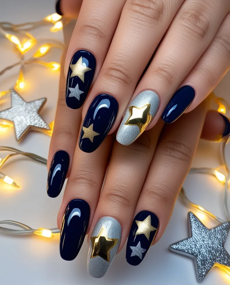 Navy blue nails with gold and silver stars, creating a starry night Blue Christmas Nails effect.